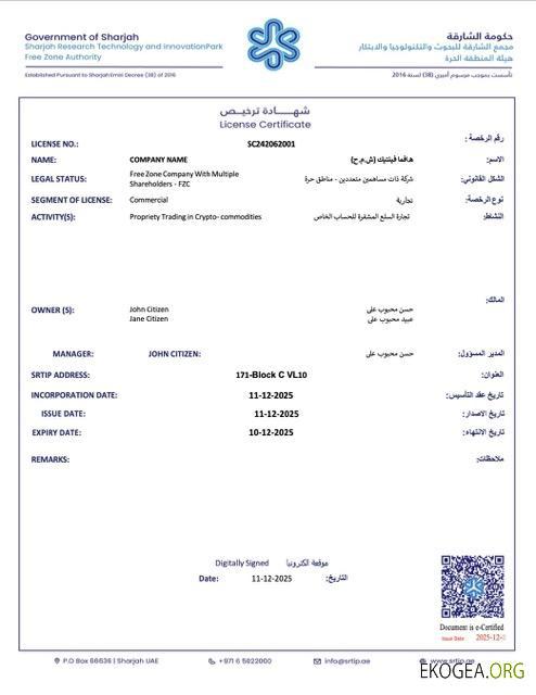 Modèle Word et PDF de certificat de licence de Sharjah des Émirats arabes unis